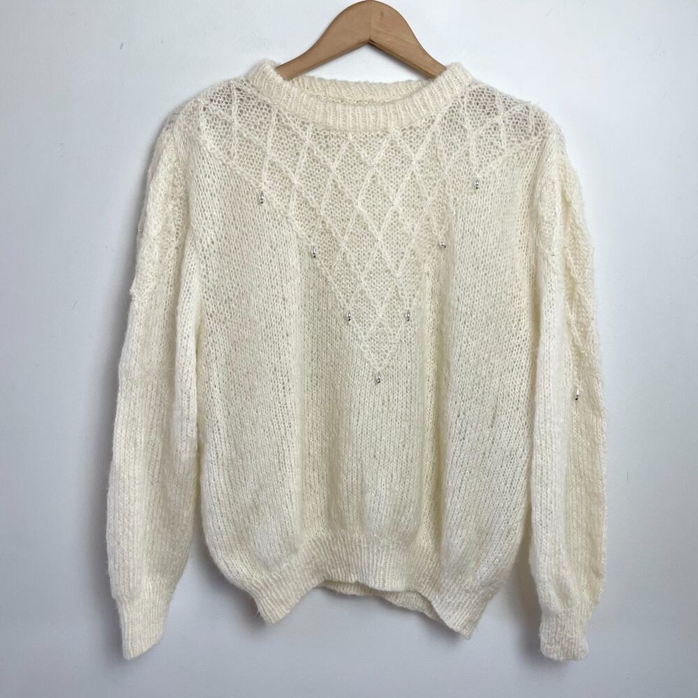 Vintage 80s 90s Handmade‎ Sweater Large Beaded Soft Ivory Coquette Soft Girl